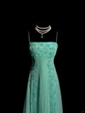 Stunning Green Spaghetti Straps Satin Beading Empire Prom Dresses Vintage Formal Evening Gowns HZ1108