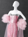 Gorgeous Pink Strapless Mermaid Sequin Long Prom Dresses Formal Evening Gowns HZ1108