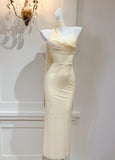 Elegant Butter Yellow Asymmetric Neck Chiffon Bodycon Party Dress Short Prom Dresses HZ1108