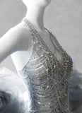 Gorgeous Silver V-neck Mermaid Beaded Sequin Long Prom Dresses Train Wedding Dress HZ1108