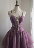 Sweet Spaghetti Straps Purple A-Line Tulle Short Prom Dresses Homecoming Dresses with Rhinestones HZ1108