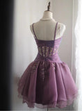 Sweet Spaghetti Straps Purple A-Line Tulle Short Prom Dresses Homecoming Dresses with Rhinestones HZ1108