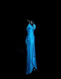 Elegant Blue V-neck Mermaid Beaded Satin Long Prom Dresses Backless Evening Gowns HZ1108