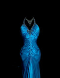 Elegant Blue V-neck Mermaid Beaded Satin Long Prom Dresses Backless Evening Gowns HZ1108