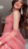 Gorgeous Hot Pink Square Neck Mermaid Tulle Appliques Long Prom Dresses Formal Evening Gowns with Capes HZ1108