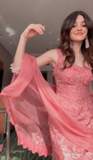 Gorgeous Hot Pink Square Neck Mermaid Tulle Appliques Long Prom Dresses Formal Evening Gowns with Capes HZ1108