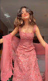 Gorgeous Hot Pink Square Neck Mermaid Tulle Appliques Long Prom Dresses Formal Evening Gowns with Capes HZ1108