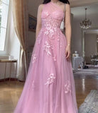 Elegant Pink One Shoulder A-Line Tulle Applique Long Prom Dresses Formal Evening Gowns HZ1108