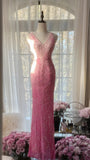 Gorgeous Gradient Pink Mermaid V Neck Chiffon Beading Long Prom Dresses Vintage Formal Evening Gowns HZ1108
