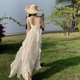 Fairytale White Square Neck A-Line Printed Chiffon Prom Dresses Sweet Birthday Party Dress HZ1108