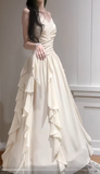 Elegant Apricot Spaghetti Straps A-Line Chiffon Long Prom Dresses Birthday Evening Gowns HZ1108