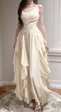 Elegant Apricot Spaghetti Straps A-Line Chiffon Long Prom Dresses Birthday Evening Gowns HZ1108