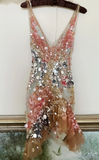 Stunning V-neck Bodycon Party Dress Sequin Chiffon Short Prom Dresses Sparkly Homecoming Dresses HZ1108