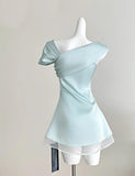 Sweet Tiffany Blue Asymmetric Neck Chiffon A-Line Party Dress HZ1108