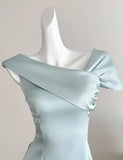 Sweet Tiffany Blue Asymmetric Neck Chiffon A-Line Party Dress HZ1108