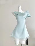 Sweet Tiffany Blue Asymmetric Neck Chiffon A-Line Party Dress HZ1108
