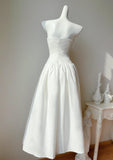 Simple White Strapless A-Line Birthday Party Dress Satin Prom Dresses HZ1108