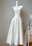 Simple White Strapless A-Line Birthday Party Dress Satin Prom Dresses HZ1108