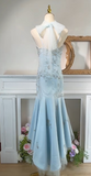 Sweet Blue Spaghetti Straps Tulle Mermaid Satin Sequin Prom Dresses Retro Birthday Evening Gowns HZ1108