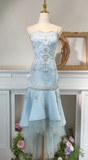 Sweet Blue Spaghetti Straps Tulle Mermaid Satin Sequin Prom Dresses Retro Birthday Evening Gowns HZ1108
