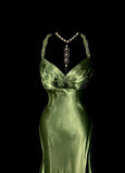 Elegant Green V-neck Satin Mermaid Long Prom Dresses Vintage Beaded Evening Dress HZ1108