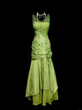 Fairytale Bud Green V-neck Mermaid Satin Beaded Long Prom Dresses Evening Gowns with Appliques HZ1108
