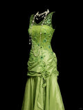 Fairytale Bud Green V-neck Mermaid Satin Beaded Long Prom Dresses Evening Gowns with Appliques HZ1108