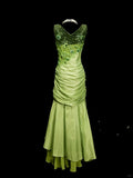 Fairytale Bud Green V-neck Mermaid Satin Beaded Long Prom Dresses Evening Gowns with Appliques HZ1108
