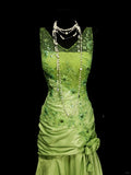 Fairytale Bud Green V-neck Mermaid Satin Beaded Long Prom Dresses Evening Gowns with Appliques HZ1108