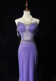 Gorgeous Purple Off Shoulder Mermaid Tulle Rhinestone Long Prom Dresses Formal Evening Gowns HZ1108