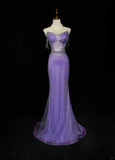 Gorgeous Purple Off Shoulder Mermaid Tulle Rhinestone Long Prom Dresses Formal Evening Gowns HZ1108