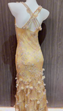 Glam Yellow Straps Mermaid Chiffon Beading Long Prom Dresses Vintage Evening Gowns HZ1108