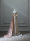 Stunning Light Champagne Strapless A-Line Tulle Beading Long Prom Dresses Formal Evening Gowns HZ1108