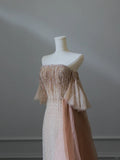 Stunning Light Champagne Strapless A-Line Tulle Beading Long Prom Dresses Formal Evening Gowns HZ1108