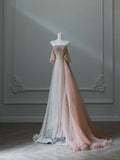 Stunning Light Champagne Strapless A-Line Tulle Beading Long Prom Dresses Formal Evening Gowns HZ1108