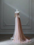 Stunning Light Champagne Strapless A-Line Tulle Beading Long Prom Dresses Formal Evening Gowns HZ1108
