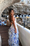 Gorgeous Blue Spaghetti Strap Party Dress Printed Chiffon A-Line Evening Gowns HZ1108