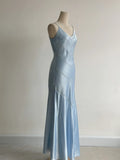 Simple Grey Blue Spaghetti Straps Mermaid Satin Beading Party Dress HZ1108