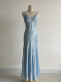 Simple Grey Blue Spaghetti Straps Mermaid Satin Beading Party Dress HZ1108