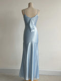 Simple Grey Blue Spaghetti Straps Mermaid Satin Beading Party Dress HZ1108