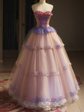 Sweet Pink Strapless A-Line Tulle Long Prom Dresses Formal Evening Gowns HZ1108