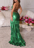 Glam Green Spaghetti Straps Sheath Satin Long Prom Dresses Formal Evening Gowns with Slits HZ1108