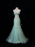 Elegant Tiffany Blue Sweetheart Neck Mermaid Tulle Long Prom Dresses Formal Evening Gowns with Lace Appliques HZ1108