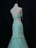 Elegant Tiffany Blue Sweetheart Neck Mermaid Tulle Long Prom Dresses Formal Evening Gowns with Lace Appliques HZ1108