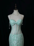 Elegant Tiffany Blue Sweetheart Neck Mermaid Tulle Long Prom Dresses Formal Evening Gowns with Lace Appliques HZ1108