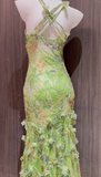 Gorgeous Green Spaghetti Straps Printed Chiffon Mermaid Beading Long Prom Dresses Vintage Evening Gowns HZ1108