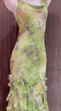 Gorgeous Green Spaghetti Straps Printed Chiffon Mermaid Beading Long Prom Dresses Vintage Evening Gowns HZ1108
