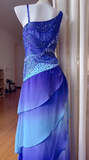 Stunning Blue Gradient Asymmetric Neck Sheath Chiffon Beaded Long Prom Dresses Vintage Evening Gowns HZ1108