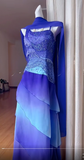 Stunning Blue Gradient Asymmetric Neck Sheath Chiffon Beaded Long Prom Dresses Vintage Evening Gowns HZ1108