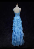 Pretty Blue Spaghetti Straps Sheath Chiffon Beaded Long Prom Dresses Sweet Birthday Evening Gowns HZ1108